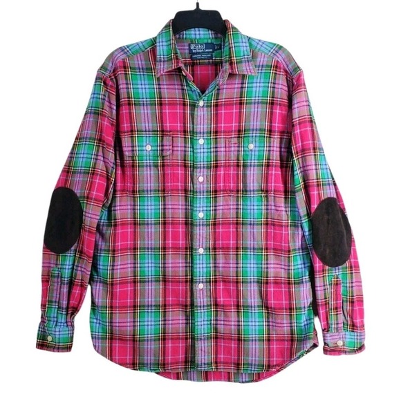 Polo Ralph Lauren Dungaree Work Shirt Mens L Green Red Blanket Flannel Plaid LS - Picture 11 of 12